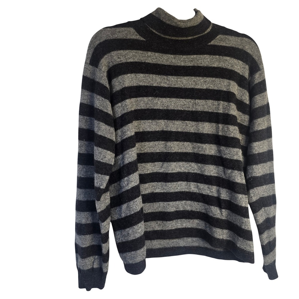 Country Road Mock Neck Sweater Women L Grey Black Striped Lambswool Angora Blend